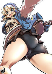 1boy absurdres androgyne_symbol artist_name ass ass_focus bike_shorts bike_shorts_under_skirt black_ribbon blonde_hair blue_eyes bridget_(guilty_gear) bright_pupils bulge edkuroki from_below guilty_gear guilty_gear_strive habit highres hood hood_up hooded_jacket hoodie jacket long_sleeves male_focus open_clothes open_hoodie open_mouth ribbon sexually_suggestive short_hair signature simple_background smile solo trap upskirt white_background white_pupils white_sleeves