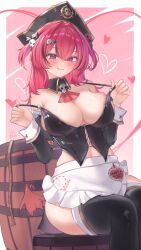 1girl absurdres apron ascot ass barrel black_collar black_corset black_hat black_ribbon black_sleeves black_thighhighs blush breasts closed_mouth collar collarbone corset detached_collar detached_sleeves fang frilled_apron frills goddess_of_victory:_nikke hair_intakes hair_ornament hair_ribbon hairclip hat heart heart_in_eye highres large_breasts long_hair long_sleeves maid_apron mast_(nikke) mast_(romantic_maid)_(nikke) multicolored_hair navel pink_background pink_eyes pink_hair pirate_hat red_ascot revision ribbon sia233333 sitting skin_fang skull_collar skull_hair_ornament smile solo starfish stomach strap_pull strap_slip sweat symbol_in_eye thighhighs thighs two-tone_hair waist_apron white_apron white_wrist_cuffs wrist_cuffs