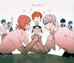 &gt;_&lt; 2girls 5boys ? absurdres amamiya_ren amano_maya arm_up arm_wrestling black_hair black_vest blue_hair btmr_game closed_eyes closed_mouth glasses grey_hair hair_between_eyes hair_over_one_eye highres holding multiple_boys multiple_girls narukami_yu opaque_glasses open_mouth persona persona_1 persona_2 persona_2_batsu persona_2_tsumi persona_3 persona_3_portable persona_4 persona_5 red_hair shiomi_kotone shirt signature simple_background sparkle suou_tatsuya sweat toudou_naoya vest white_shirt yuuki_makoto_(persona_3)