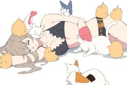 1girl animal animal_on_head azur_lane baby_animal belt bikini bird black_bikini bra breasts brown_hair cat chick cleavage closed_mouth collarbone gloves hatski.sin highres jean_bart_(azur_lane) long_hair lying manjuu_(azur_lane) medium_breasts on_head on_side panties pink_gloves red_gloves simple_background solo swimsuit too_many underwear white_background white_cat