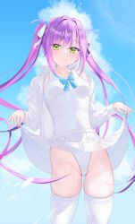 1girl absurdres clothes_lift green_eyes highleg highleg_one-piece_swimsuit highres hololive long_hair looking_at_viewer one-piece_swimsuit purple_hair red_o7 skirt skirt_lift solo standing swimsuit swimsuit_under_clothes tokoyami_towa virtual_youtuber white_skirt