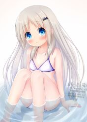 Rule 34 | 1girl, bat hair ornament, bikini, blue eyes, breasts, feet out of frame, grey hair, hair ornament, highres, kud wafter, kudpoid (71139), little busters!, looking at viewer, noumi kudryavka, simple background, small breasts, solo, swimsuit, water, watermark, white background, white bikini