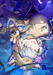 1girl absurdres animal_ears animal_hood between_breasts black_gloves black_leotard blue_eyes breasts card cat_ears cat_girl cat_hood cat_tail cipher_(honkai:_star_rail) cleavage coin commentary fingerless_gloves gem gloves grey_hair highres holding holding_coin honkai:_star_rail honkai_(series) hood jelmul large_breasts leotard open_mouth pearl_(gemstone) short_hair_with_long_locks spirithief_bartholos_(honkai:_star_rail) tail tarot tarot_card upside-down
