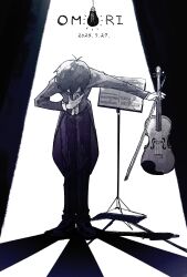 1boy absurdres alternate_costume bow_(music) bowing copyright_name dated full_body highres holding holding_bow_(music) holding_instrument holding_violin instrument leaning_forward male_focus music_stand omori shakomori_w sheet_music solo sunny_(omori) violin