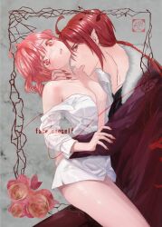 1boy 1girl alternate_costume black_shirt blush border breasts coat commentary_request fangs floral_border from_side grey_background hand_on_another&#039;s_neck highres imminent_bite kasane_ted kasane_teto looking_at_viewer mococo_(w-drill) naked_shirt open_clothes open_mouth open_shirt ornate_border ponytail red_border red_coat red_hair red_nails shirt simple_background sitting sitting_on_person teeth upper_teeth_only utau vampire