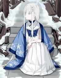 1girl blue_archive closed_mouth grey_eyes grey_hair hair_ornament halo haori hoshiya_takahito japanese_clothes long_hair looking_to_the_side nagusa_(blue_archive) shirt sidelocks sitting skirt snow snowflake_hair_ornament solo stairs white_shirt white_skirt