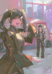 1boy 1girl :d black_eyes black_hair black_jacket black_pants blush cowboy_shot food grey_shirt hair_between_eyes hair_ribbon holding holding_food holding_ice_cream ice_cream jacket kazama_jin ling_xiaoyu long_hair miyukiko open_mouth orange_ribbon outdoors pants ribbon shirt short_hair smile spiked_hair tekken tekken_8 twintails