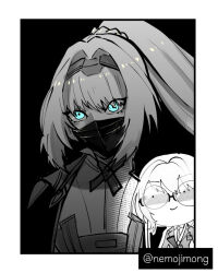 1girl alva_(girls&#039;_frontline_2) an-94_(antje)_(girls&#039;_frontline) an-94_(girls&#039;_frontline) aqua_eyes border girls&#039;_frontline girls&#039;_frontline_2:_exilium glasses greyscale mask monochrome mouth_mask nemojimong official_alternate_costume ponytail smile solo twitter_username white_border