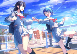 3girls backpack bag bespectacled black_hair black_socks blue_eyes blue_hair blurry blurry_background breasts commentary_request day depth_of_field facing_viewer funade_no_mae_no_one_day_trip_(project_sekai) glasses grey_serafuku grey_shirt grey_skirt hands_up highres holding_another&#039;s_wrist hoshino_ichika_(project_sekai) iluka kiritani_haruka kneehighs lens_flare long_hair long_sleeves midriff_peek miyamasuzaka_girls&#039;_academy_school_uniform multiple_girls neckerchief open_mouth outdoors pleated_skirt project_sekai railing red_neckerchief sailor_collar school_bag school_uniform serafuku ship shirt short_hair sidelocks skirt small_breasts socks standing sunlight tenma_saki watercraft white_sailor_collar white_sleeve_cuffs