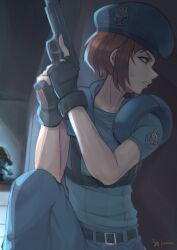 1girl absurdres beret black_gloves blue_hat blue_pants blue_shirt brown_hair fingerless_gloves geistbox gloves gun handgun hat highres holding holding_gun holding_weapon jill_valentine pants parappa parappa_the_rapper resident_evil resident_evil_1 shirt short_hair shoulder_pads signature sweatdrop weapon