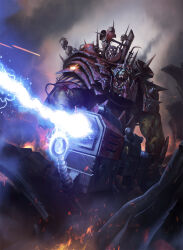 1boy armor darren_tan energy_beam energy_gun highres muscular official_art open_mouth orc ork_(warhammer) shoulder_armor smoke solo sparkle warhammer_40k warhammer_40k:_conquest weapon