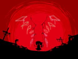 1girl alternate_wings bad_id bad_pixiv_id bloom chibi corpse eiri_(eirri) female_focus flandre_scarlet glowing grave highres o_o red_theme side_ponytail silhouette solo tears touhou wings