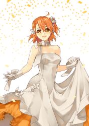 1girl bare_shoulders bow breasts choker commentary_request confetti dress fate/grand_order fate_(series) fujimaru_ritsuka_(female) gloves highres long_dress medium_breasts one_side_up open_mouth orange_eyes orange_hair rkp skirt_hold smile solo strapless strapless_dress white_bow white_choker white_gloves