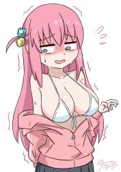 1girl @_@ aged_down bikini blush bocchi_the_rock! breasts female_focus gotoh_hitori jua large_breasts long_hair looking_at_another looking_down nose open_mouth pink_hair simple_background skirt solo standing sweat swimsuit trembling wet white_background white_bikini