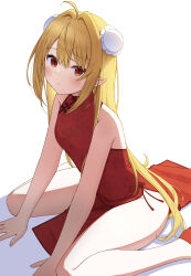 1girl absurdres ahoge blonde_hair breasts china_dress chinese_clothes closed_mouth dress hair_intakes highres hikikomari_kyuuketsuki_no_monmon long_hair looking_at_viewer on_ground pointy_ears red_dress red_eyes red_footwear simple_background sitting sleeveless sleeveless_dress small_breasts solo terakomari_gandezblood user_tyad4272 wariza white_background
