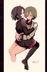 2girls absurdres belt black_dress black_thighhighs brown_hair brown_jacket brown_sweater_vest closed_eyes closed_mouth commentary dress ebizuka_tomo english_commentary girls_band_cry grey_hair hair_between_eyes highres jacket long_hair_between_eyes mole mole_under_eye multiple_girls no_shoes red_eyes rnna rupa_(girls_band_cry) short_hair sitting sitting_on_lap sitting_on_person sweater_vest thighhighs white_belt yuri