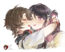 2girls arms_around_neck black_hair black_nails blush brown_hair cheek-to-cheek closed_eyes colored_inner_hair commentary earrings english_commentary headphones headphones_around_neck heads_together hiru315 jewelry love_curse:_find_your_soulmate multicolored_hair multiple_girls nyx_xia one_eye_closed open_mouth pink_hair purple_eyes selene_yan shirt short_hair short_sleeves simple_background smile upper_body white_background white_shirt yuri