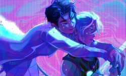 Rule 34 | 2boys, alien stage, bare shoulders, black hair, black shirt, blue eyes, blue light, bracelet, commentary, crying, earrings, english commentary, fang, frown, glitch, glowing, grey hair, halftone, head tilt, highres, ivan (alien stage), jacket, jewelry, long sleeves, male focus, multicolored hair, multiple boys, multiple rings, neon palette, nolvini, open mouth, ring, shirt, short hair, sleeveless, sleeveless shirt, smile, sparkle, streaked hair, tears, till (alien stage), white jacket, wide-eyed, yaoi