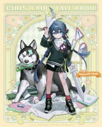 1girl aged_down ahoge backpack bag baseball black_bag black_fur black_shoes black_skirt blue_eyes blue_hair book braid character_name closed_mouth collar commentary copyright_name crayon crumpled_paper dog dog_request english_commentary expressionless full_body girls&#039;_frontline green_sweater hair_between_eyes hair_ornament hat_feather highres holding holding_scissors holding_sword holding_weapon lanyard long_hair m240l_(girls&#039;_frontline) m240l_(home_with_paladin)_(girls&#039;_frontline) nunok official_alternate_costume official_art paper_hat paper_sword promotional_art red_socks road_sign scissors scrape scraped_knee second-party_source shield shirt shoes sign skirt sneakers socks solo spiked_collar spikes standing stop_sign sweater sword twin_braids two-tone_fur v-neck very_long_hair weapon white_fur white_shirt x_hair_ornament yield_sign