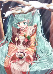 1girl absurdres apron aqua_eyes aqua_hair badge blush bow bowl branch brown_kimono button_badge earrings food fork_hair_ornament gganmaneul green_pepper hair_bow hair_ornament hardboiled_egg hatsune_miku highres holding holding_bowl japanese_clothes jewelry kappougi kimono long_hair open_mouth sitting smile snow snowflake_print solo soup_curry spoon_hair_ornament twintails very_long_hair vocaloid white_apron wide_sleeves yuki_miku yuki_miku_(2024)