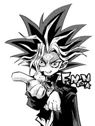 Rule 34 | 1boy, artist name, fenyon, halftone, millennium puzzle, monochrome, multicolored hair, no nose, smirk, solo, spiked hair, upper body, yami yugi, yu-gi-oh!, yu-gi-oh! (toei)