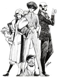 00s 1990s_(style) 2005 2boys 2girls androgynous beard blush blush_stickers boots bow bowtie coat cowboy_bebop dog dress edward_wong_hau_pepelu_tivrusky_iv ein_(cowboy_bebop) facial_hair faye_valentine formal_clothes fur greyscale hat headscarf high_heels highres jet_black monochrome multiple_boys multiple_girls necktie retro_artstyle reverse_trap shoes signature spike_spiegel suit sunglasses traditional_bowtie tuxedo welsh_corgi