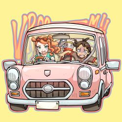 1boy 1girl antenna_hair bomhat brown_hair car creatures_(company) driving eyelashes eyewear_on_head game_freak gen_8_pokemon goh_(pokemon) green_eyes green_nails green_shirt hair_ornament heart heart_hair_ornament highres long_hair motor_vehicle nail_polish nintendo open_mouth orange_hair pokemon pokemon_(anime) pokemon_(creature) pokemon_journeys pokemon_swsh042 raboot ribbed_shirt scared seatbelt shaded_face shirt short_sleeves side_ponytail sitting smile sobble sonia_(pokemon) sunglasses tearing_up teeth tongue vehicle_focus yellow_background