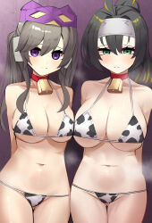 2girls absurdres animal_print arms_behind_back bell bikini black_bikini black_hair blue_eyes blush breasts breath brown_hair cotan_(actancyaga) cow_print cow_print_bikini cowbell cowboy_shot duel_monster gluteal_fold high_ponytail highres i:p_masquerena large_breasts long_hair multicolored_bikini multiple_girls navel ponytail print_bikini purple_eyes s-force_rappa_chiyomaru s:p_little_knight swimsuit twintails two-tone_bikini white_bikini yu-gi-oh!