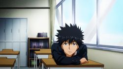 1boy 1girl animated animated_gif black_hair classroom desk himegami_aisa indoors kamijou_touma locker long_hair lowres school school_uniform serafuku toaru_kagaku_no_railgun toaru_majutsu_no_index window