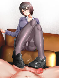 1boy 1girl aho_manten censored clothed_female_nude_male couch leggings mosaic_censoring nude shoejob