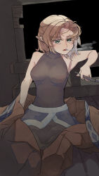 1girl black_background black_dress blonde_hair breasts brown_shirt commentary_request cowboy_shot dress green_eyes half-closed_eyes half_updo highres holding holding_smoking_pipe kiseru looking_at_viewer medium_breasts mizuhashi_parsee nu2_(nunonijou) open_mouth pointy_ears shirt short_hair sleeveless sleeveless_dress smoking smoking_pipe solo touhou unworn_shirt