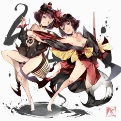 Rule 34 | 2girls, bare shoulders, black dress, black kimono, blush, breasts, center opening, cleavage, closed mouth, commentary, dress, dual persona, fang, fate/grand order, fate (series), father and daughter, flower, full body, genderswap, genderswap (mtf), giant brush, hair flower, hair ornament, highres, holding, holding paintbrush, ink, japanese clothes, katsushika hokusai (fate), katsushika hokusai (second ascension) (fate), katsushika hokusai (third ascension) (fate), kimono, kyuu (plastic night q), medium breasts, multiple girls, one eye closed, open mouth, paintbrush, purple eyes, purple hair, short hair, signature, smile, thighs, white background