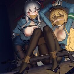 absurdres ahoge arms_behind_back arms_up bdsm black_pantyhose blindfold blonde_hair blue_shirt blush bondage bound breasts breasts_out cad_(caddo) chain chain_leash collar crotch_rope cuffs epaulettes fabarm_sat-8 gag gagged garter_belt girls&#039;_frontline grey_hair gun handcuffs high_heels highres improvised_gag iws_2000_(girls&#039;_frontline) leash long_hair looking_to_the_side medium_breasts nipples pantyhose pencil_skirt police police_uniform policewoman red_eyes s.a.t.8_(girls&#039;_frontline) shibari shibari_over_clothes shirt sitting skirt slave spreader_bar tape tape_gag thigh_gap unbuttoned unbuttoned_shirt very_long_hair weapon weapon_request