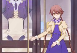 1boy 1girl apocalypse_hotel bandana bandana_around_neck braid brown_hair door doorman_robot_(apocalypse_hotel) dress highres juliet_sleeves long_sleeves orange_eyes puffy_sleeves purple_bandana purple_dress robot standing twin_braids yachiyo_(apocalypse_hotel) yatoriiii