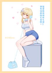 1girl :t abeimaochidiaole absurdres blonde_hair blue_shorts blush breasts calling chinese_text crop_top flower genshin_impact hair_between_eyes hair_flower hair_ornament highres holding holding_phone long_hair looking_at_viewer lumine_(genshin_impact) midriff phone shorts socks solo tank_top white_socks white_tank_top yellow_eyes