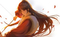 Rule 34 | 1girl, a chan (code: kite), absurdres, arrow (projectile), black hair, blue gemstone, bow (weapon), chinese clothes, chinese commentary, code: kite, drawing bow, dry grass, earrings, from side, fur scarf, gem, grass, grey eyes, hair ribbon, headband, heibai bangbing, highres, holding, holding arrow, holding bow (weapon), holding weapon, jewelry, long hair, long sleeves, petals, puffy long sleeves, puffy sleeves, ribbon, scarf, simple background, solo, tress ribbon, upper body, very long hair, weapon, white background, white scarf