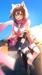 1girl absurdres animal_ears bad_id bad_twitter_id black_gloves black_sailor_collar black_skirt black_socks blue_archive blurry blurry_foreground blush brown_hair brown_shoes emduck fang fishnet_thighhighs fishnets fox_ears fox_tail gloves hair_between_eyes highres izuna_(blue_archive) neckerchief open_mouth partially_fingerless_gloves pink_neckerchief pink_scarf pleated_skirt sailor_collar scarf shoes short_hair single_sock single_thighhigh sitting skin_fang skirt smile socks solo tail thighhighs yellow_eyes