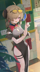 1girl absurdres ahoge black_dress black_gloves blonde_hair breasts china_dress chinese_clothes chinese_commentary commentary_request coria covered_navel dress fingerless_gloves gloves hair_over_one_eye hand_fan highres holding holding_fan large_breasts looking_at_viewer nail_polish open_mouth pelvic_curtain purple_eyes red_nails short_hair single_fingerless_glove smile solo standing sweety_(zenless_zone_zero) thighs tuanshan zenless_zone_zero