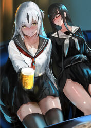 2girls @_@ absurdres alcohol beer belt black_hair black_sailor_collar black_serafuku black_shirt black_skirt black_thighhighs blush breasts brown_hair cup drunk fate/grand_order fate_(series) glasses green_eyes hair_between_eyes highres jikihatiman kurohime_(fate) long_hair long_sleeves looking_at_viewer medium_breasts mug multicolored_hair multiple_girls nagao_kagetora_(fate) neckerchief open_mouth sailor_collar scar scar_across_eye scar_on_face school_uniform serafuku shirt sidelocks sitting skirt thighhighs thighs two-tone_hair white_hair white_sailor_collar white_shirt