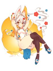 1girl animal_ears black_thighhighs breasts china_dress chinese_clothes dress fake_animal_ears fox_ears gluteal_fold high_heels highres looking_at_viewer multiple_tails original small_breasts tail thighhighs toconikky white_background white_hair yellow_eyes
