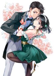 1boy 1girl adagaki_aki arched_back arm_grab back black_eyes black_hair black_jacket black_neckwear black_pantyhose blazer boots bow bowtie closed_mouth coattails commentary dancing dress dress_shirt english_commentary floral_background flower gloves green_dress green_flower grey_pants hair_flower hair_ornament hairband hetero high_collar high_heel_boots high_heels jacket leaning_back leaning_forward leg_up looking_at_viewer looking_back makabe_masamune masamune-kun_no_revenge medium_dress medium_hair off-shoulder_dress off_shoulder pants pantyhose shirt shoes short_hair smile standing standing_on_one_leg stiletto_heels string string_of_fate tiv tuxedo white_footwear white_gloves white_hairband white_shirt