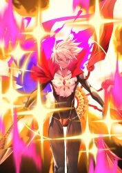 Rule 34 | 1boy, absurdres, blue eyes, chest jewel, fate/grand order, fate (series), heterochromia, highres, karna (fate), looking at viewer, majinno, male focus, outstretched arms, solo, sparkle, spiked hair, spread arms, straight-on