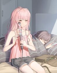 1girl 1other akiyama_mizuki bag bedroom blanket blush brown_hair camisole closed_eyes closed_mouth curling_iron dolphin_shorts highres indoors long_hair lying on_bed phone pillow pink_camisole pink_hair project_sekai qi&#039;e_(penguin) ringlets shinonome_ena short_hair shorts sleeping