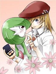 2girls applying_makeup arms_at_sides badge bare_back bare_shoulders blonde_hair blush dress dress_shirt facing_to_the_side finger_to_another&#039;s_cheek finger_to_mouth flower gardevoir gen_3_pokemon green_hair grey_eyes badge_(pokemon) hair_over_one_eye hair_slicked_back hand_on_another&#039;s_chin hat holding holding_brush holding_makeup_brush holding_makeup_palette kaeru_ace leaning_back leaning_on_person looking_at_another loose_necktie makeup makeup_brush multiple_girls necktie newsboy_cap nintendo one_eye_covered pink_background pink_flower pokemon pokemon_(creature) red_eyes red_hat red_necktie shirt sleeves_rolled_up smile upper_body watch white_dress white_shirt wiping_mouth wristwatch