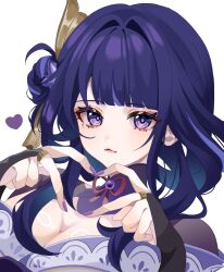 1girl alternate_hairstyle blue_pupils blunt_bangs breasts bridal_gauntlets cleavage closed_mouth clothing_cutout commentary_request eyeliner eyeshadow genshin_impact gradient_hair hair_ornament hair_up head_tilt heart heart_hands highres japanese_clothes kimono large_breasts long_hair looking_at_viewer makeup mole mole_under_eye multicolored_eyes multicolored_hair neck_ribbon off_shoulder pink_lips purple_eyes purple_hair purple_kimono purple_nails raiden_shogun red_eyeliner red_eyeshadow red_ribbon rei_(sss35_ss3) ribbon sash shoulder_cutout simple_background solo streaked_hair upper_body white_background