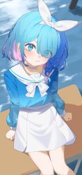 1girl :&lt; absurdres arm_support arona_(blue_archive) blue_archive blue_eyes blue_hair blue_shirt bow bowtie braid choker clenched_hands closed_mouth commentary_request desk eyes_visible_through_hair from_above frown hair_bow hair_over_one_eye hairband highres hijo_(nakare2845) light_blue_hair long_sleeves looking_at_viewer medium_hair multicolored_hair on_desk pink_hair pout sailor_collar school_desk school_uniform serafuku shirt sitting skirt solo streaked_hair tearing_up two-tone_hair water white_bow white_bowtie white_choker white_hairband white_sailor_collar white_skirt
