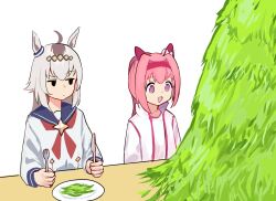 Rule 34 | 2girls, ahoge, animal ears, blue sailor collar, brown hair, fork, grass, grey hair, haru urara (umamusume), highres, holding, holding fork, holding knife, horse ears, jacket, knife, long hair, long sleeves, looking at another, multiple girls, oguri cap (umamusume), open clothes, open jacket, open mouth, pink hair, plate, purple eyes, remise, ryegrass for haru urara, sailor collar, shirt, simple background, smile, umamusume, white background, white jacket, white shirt