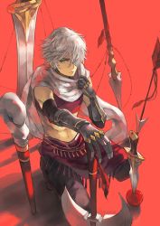1boy anocurry bracelet cloak crop_top dancer gloves hair_over_one_eye jewelry long_hair looking_at_viewer male_focus navel necklace octopath_traveler octopath_traveler_i open_mouth scarf serious short_hair simple_background smile solo therion_(octopath_traveler) top_view weapon white_hair