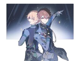 2boys absurdres black_gloves blonde_hair blue_jacket brown_hair chain chain_necklace chinese_commentary closed_mouth ensemble_stars! gloves gold_chain hand_on_own_chest highres jacket jewelry light_rays long_sleeves looking_back male_focus morisawa_chiaki multiple_boys necklace official_alternate_costume open_mouth outstretched_arm ppzi567 project_sekai red_eyes sketch smile teeth tenma_tsukasa upper_teeth_only