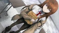 1girl arm_strap belt black_boots black_pantyhose black_shorts blue_eyes boots breast_pocket breasts brown_hair brown_jacket checkered_floor collared_shirt desk dutch_angle folder from_above frown game_cg grey_wall hair_between_eyes hair_over_shoulder highres holding holding_folder holding_to_chest huke indoors jacket jacket_partially_removed knees long_hair looking_at_viewer makise_kurisu medium_breasts necktie non-web_source official_art open_clothes open_jacket pantyhose pantyhose_under_shorts pink_lips pocket pov purple_eyes purple_trim red_necktie ringed_eyes school_desk shiny_lips shirt shorts solo steins;gate table white_shirt wooden_table zipper_footwear zipper_pull_tab